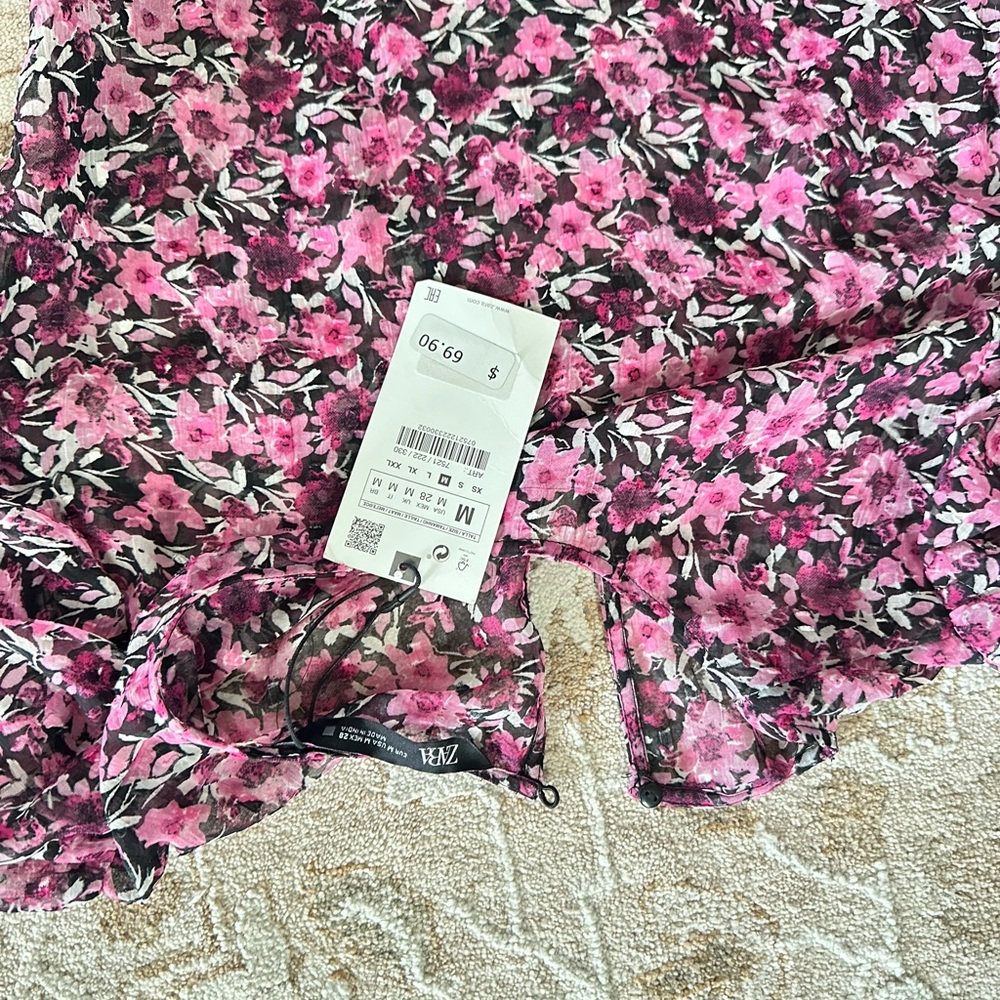 Zara Floral Tiered Midi Dress Velvet Trim Pink Black - sz M 6 8 10 - NWT - Picture 3 of 3